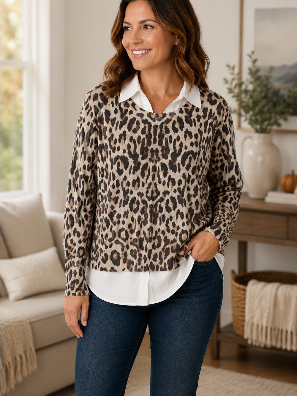 Chico's Sweater Animal Print Layered Effect Long Sleeve Knit Womens Size M